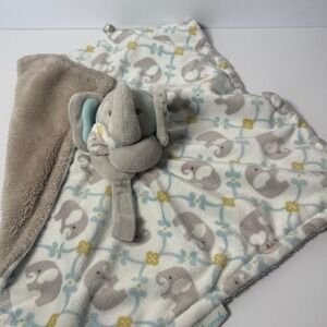 Blankets & Beyond Elephant Security Blanket Lovey Plush Grey Blue Yellow  14x14